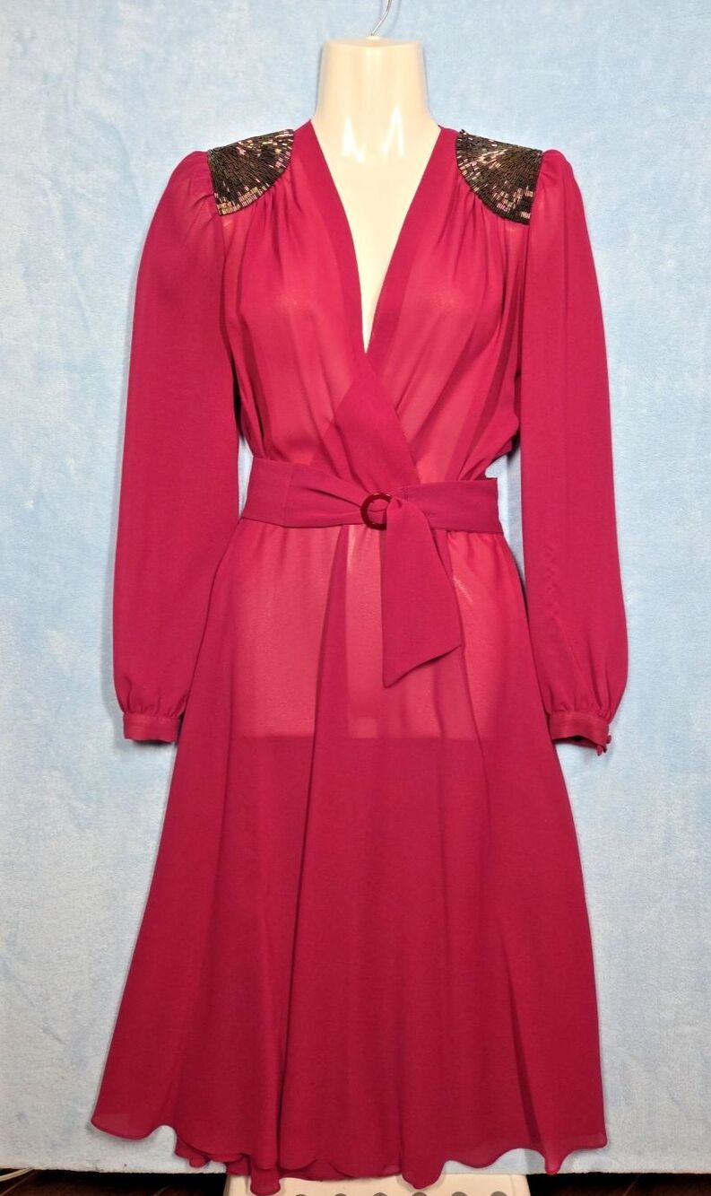 Vtg Ursula of Switzerland Embellished Shoulder Belted Evening Dress sz 3/4 Retro